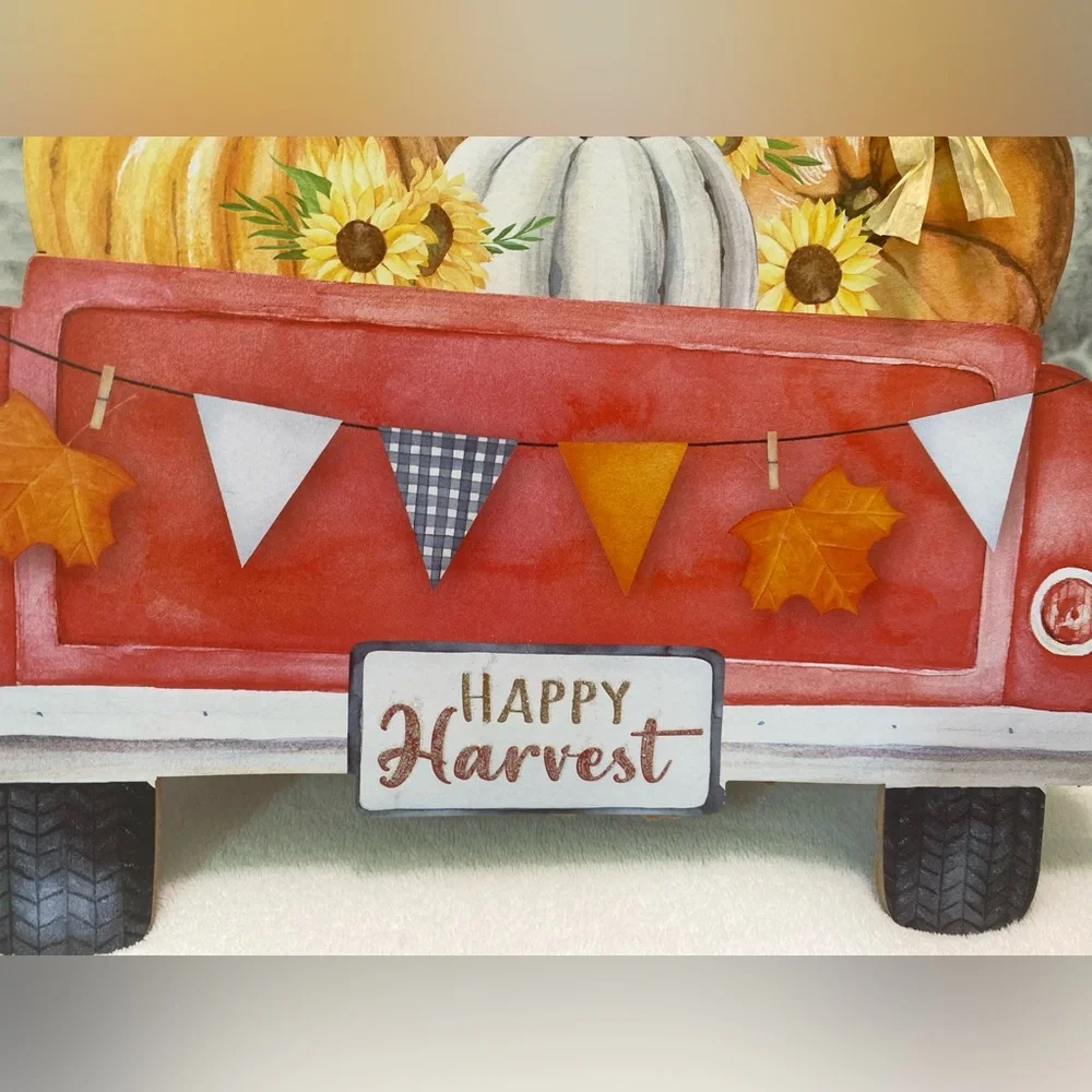 NWT Happy Harvest Classic Red Truck with Pumpkins in the Bed Hanging Sign